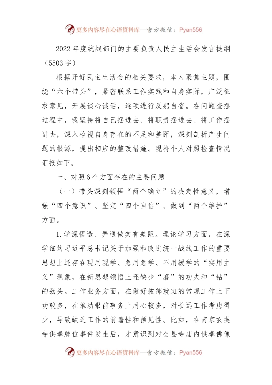 2022年度统战部门主要负责人民主生活会发言提纲.docx_第1页