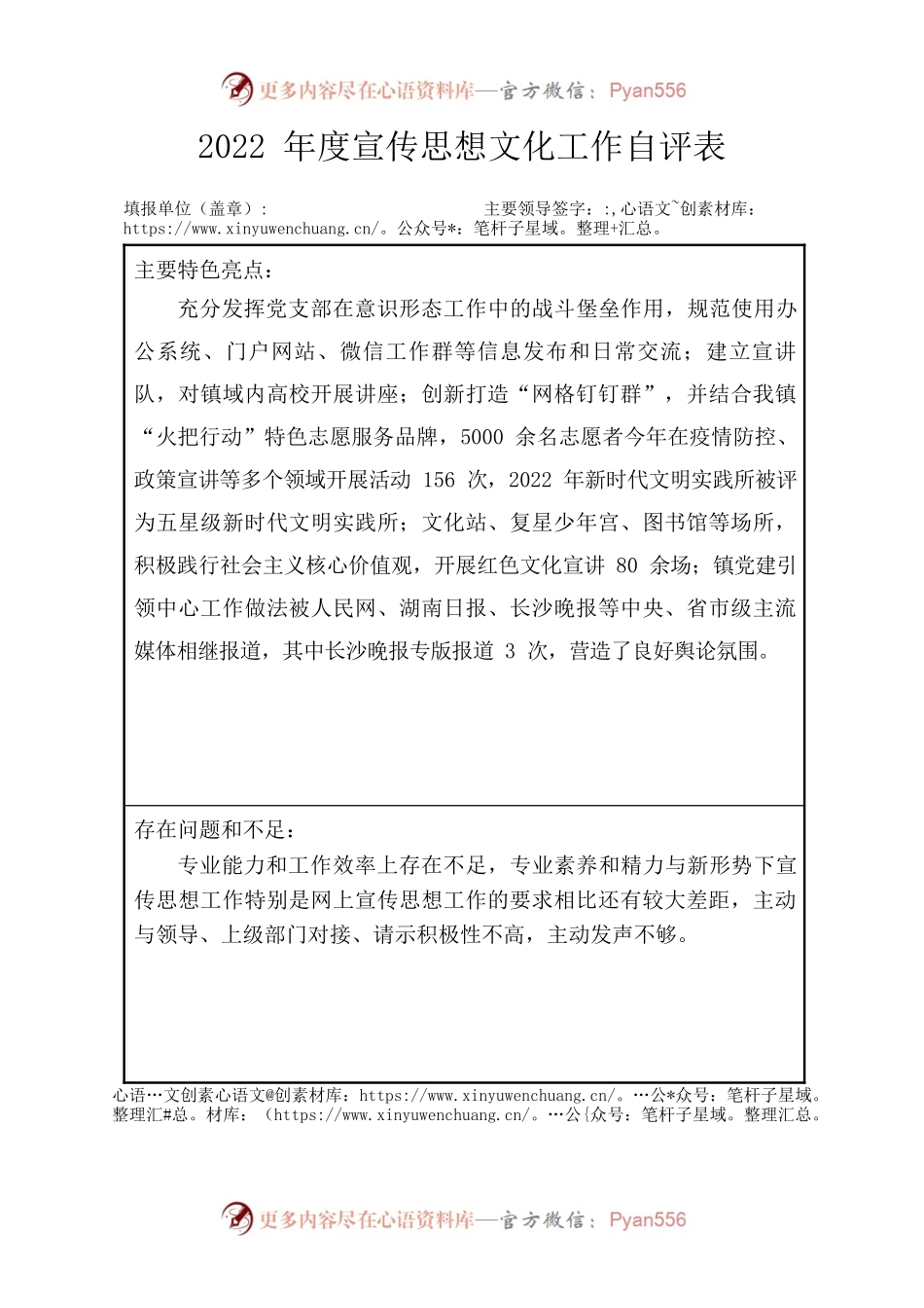 2022年度宣传思想文化工作自评表.docx_第1页