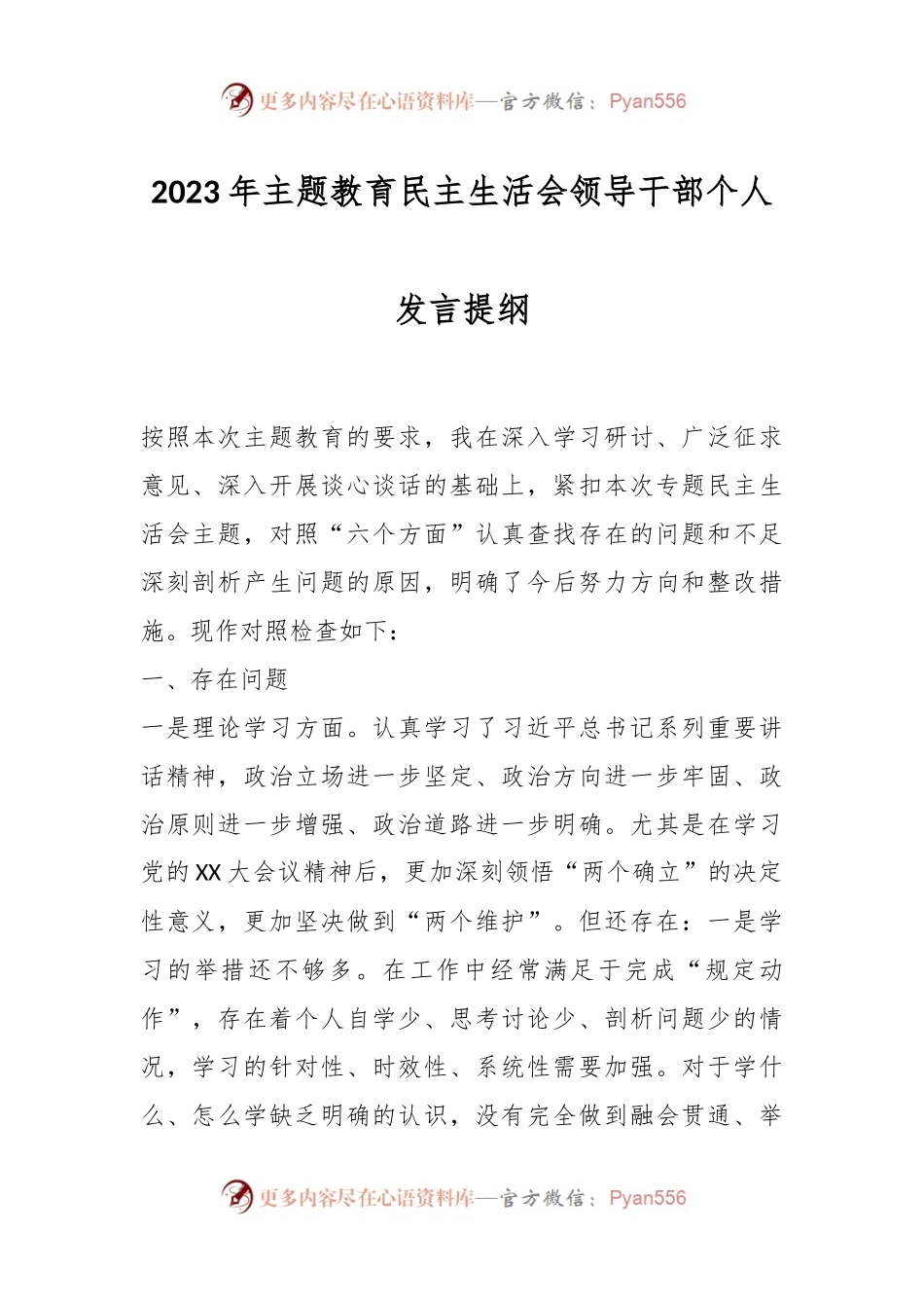 2023年主题教育民主生活会领导干部个人发言提纲.docx_第1页