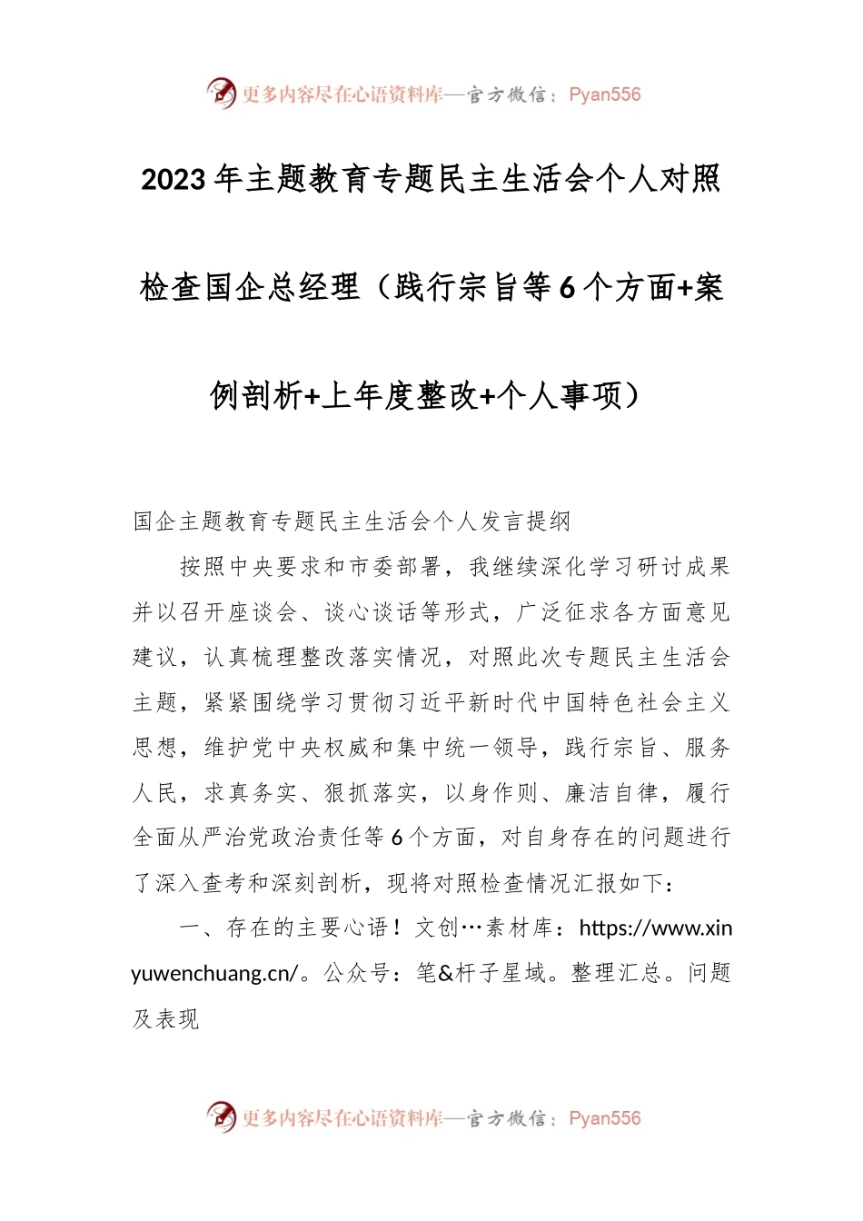 2023年主题教育专题民主生活会个人对照检查 国企总经理（践行宗旨等6个方面+案例剖析+上年度整改+个人事项）.docx_第1页
