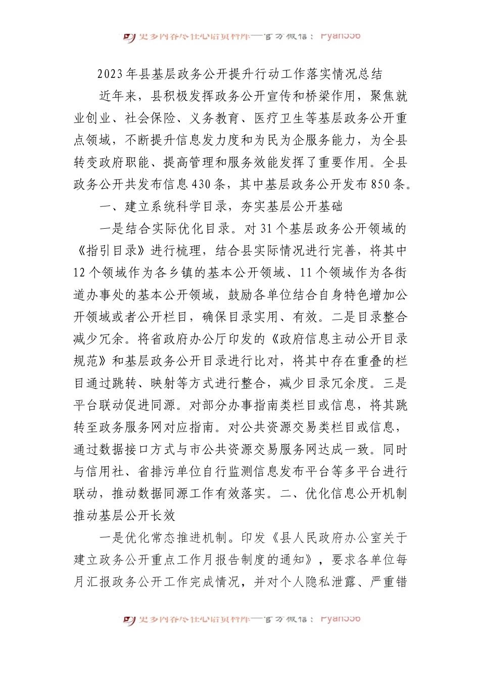 2023年县基层政务公开提升行动工作落实情况总结.docx_第1页