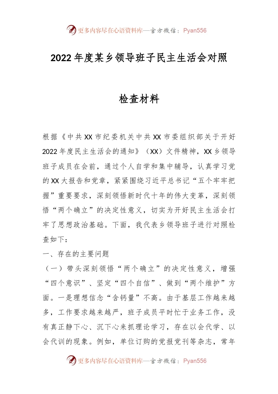 2022年度某乡领导班子民主生活会对照检查材料.docx_第1页
