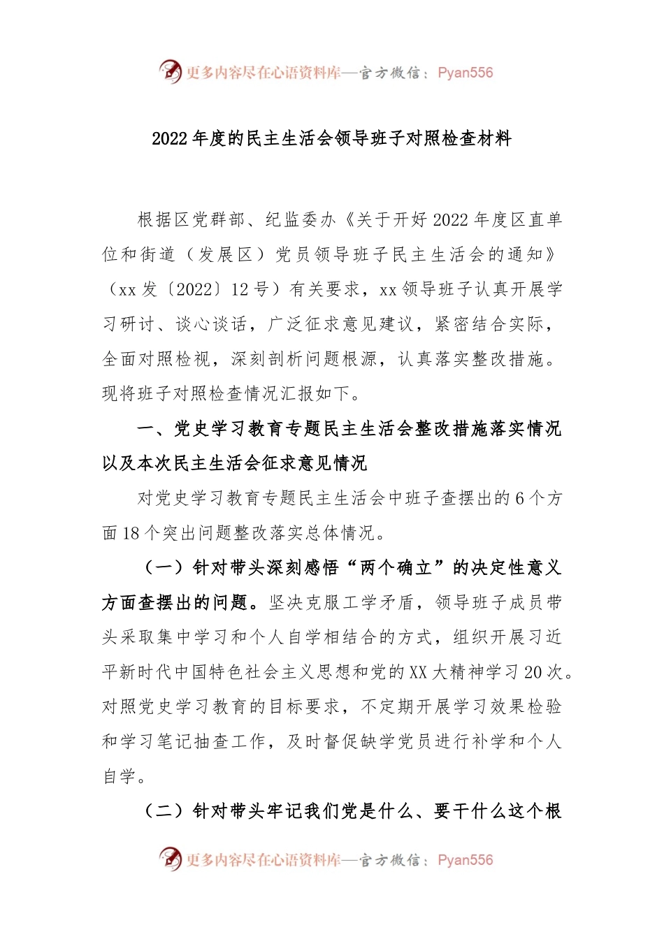 2022年度的民主生活会领导班子对照检查材料.docx_第1页