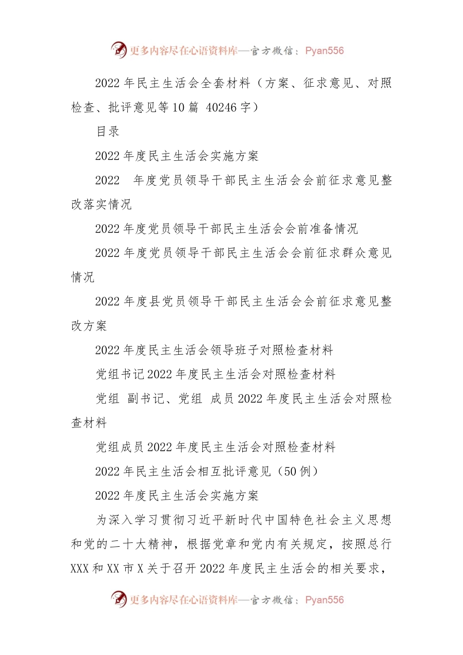 2022年民主生活会全套材料（方案、征求意见、对照检查、批评意见等10篇.docx_第1页