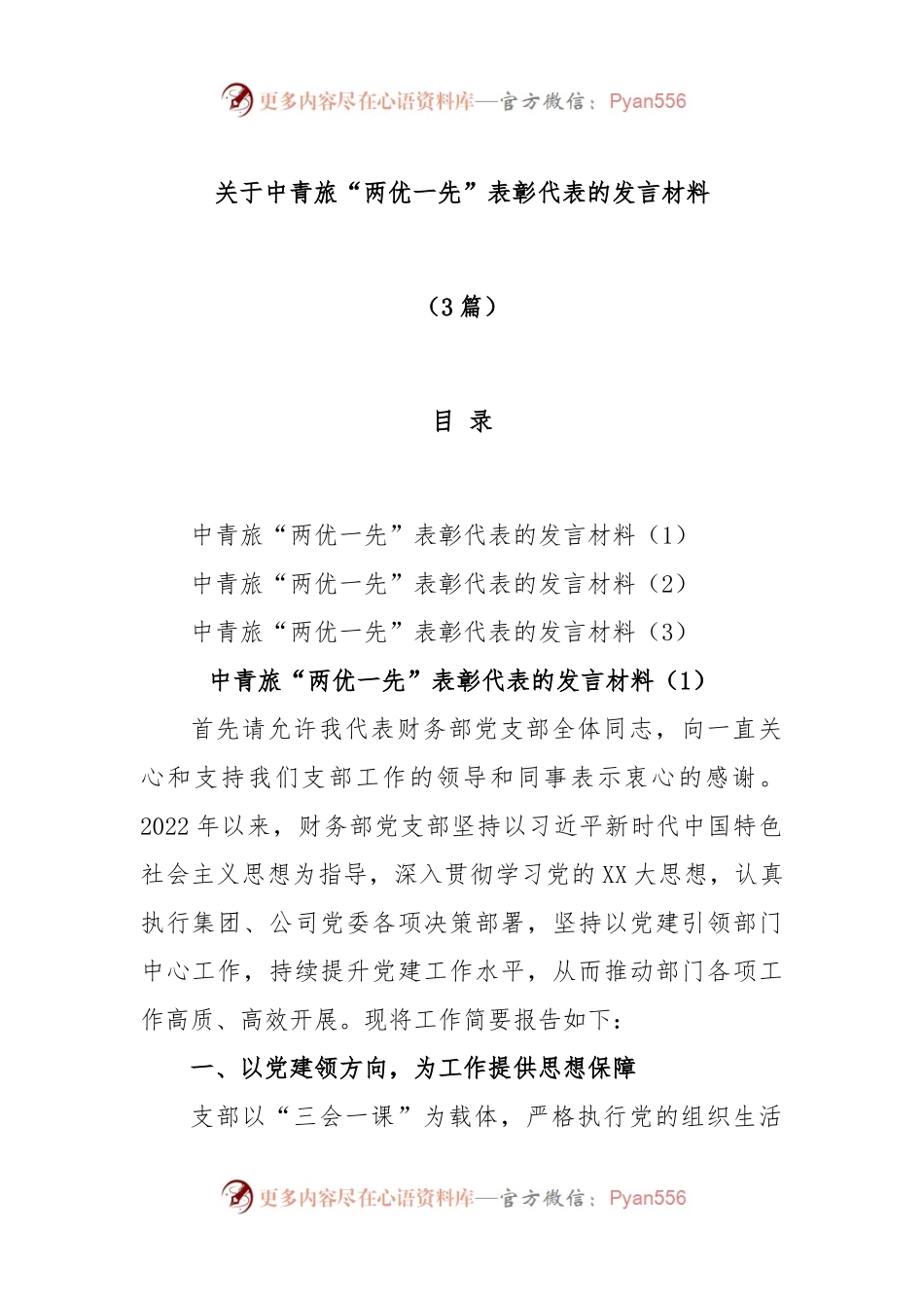 (3篇)关于中青旅“两优一先”表彰代表的发言材料.docx_第1页