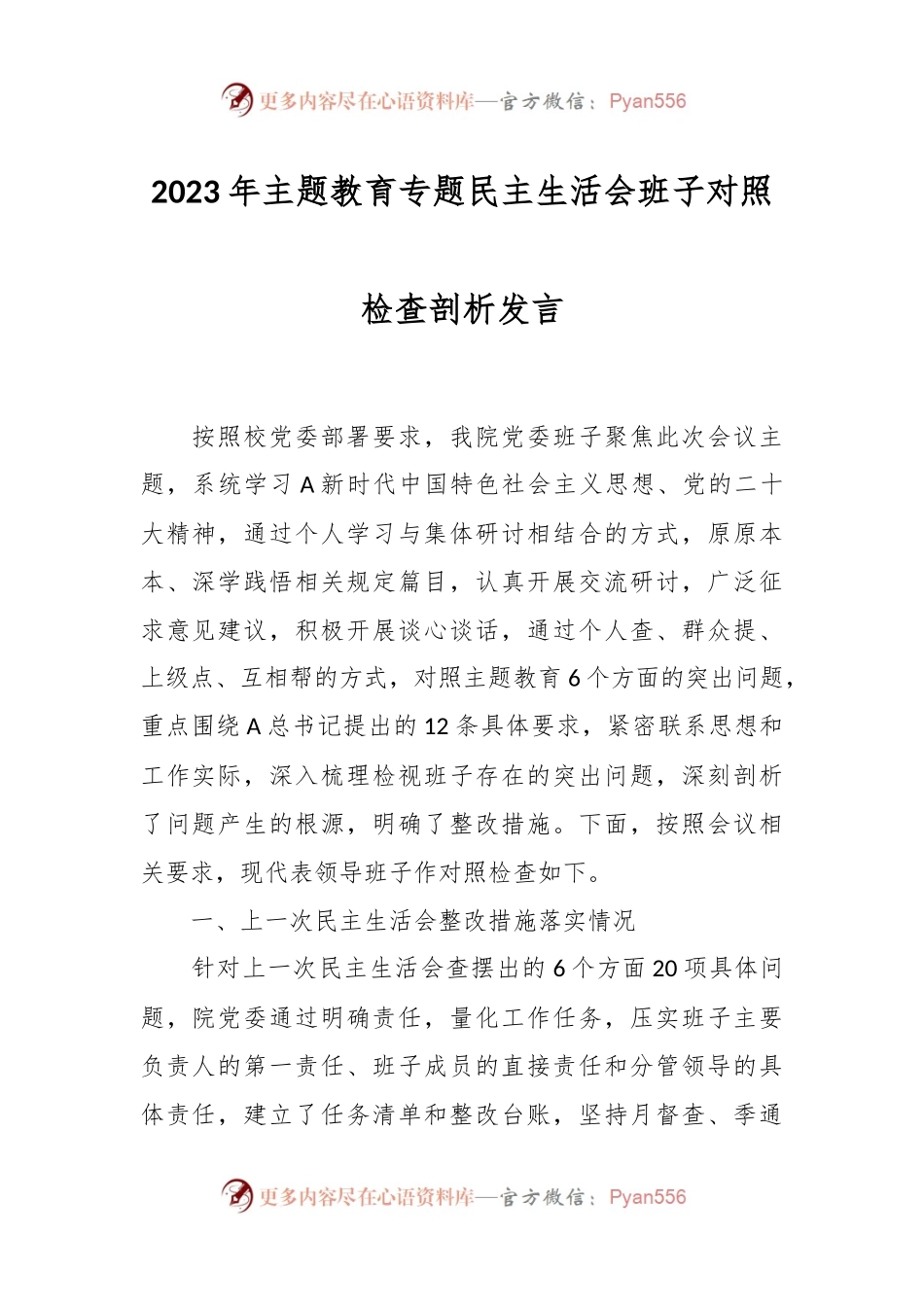 2023年主题教育专题民主生活会班子对照检查剖析 发言.docx_第1页