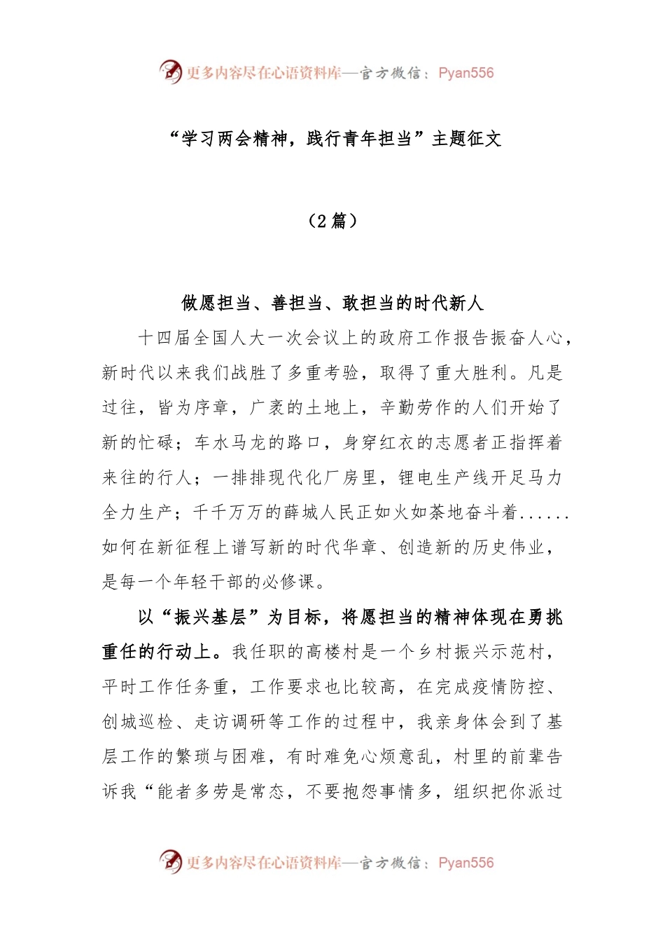 (2篇)“学习两会精神，践行青年担当”主题征文.docx_第1页