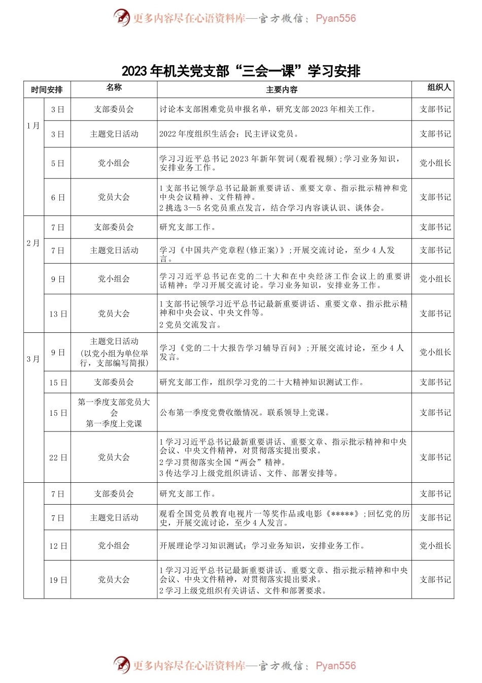 (2篇)2023年机关党支部“三会一课”学习安排计划表、2023年1月党支部“三会一课”工作建议方案.docx_第1页