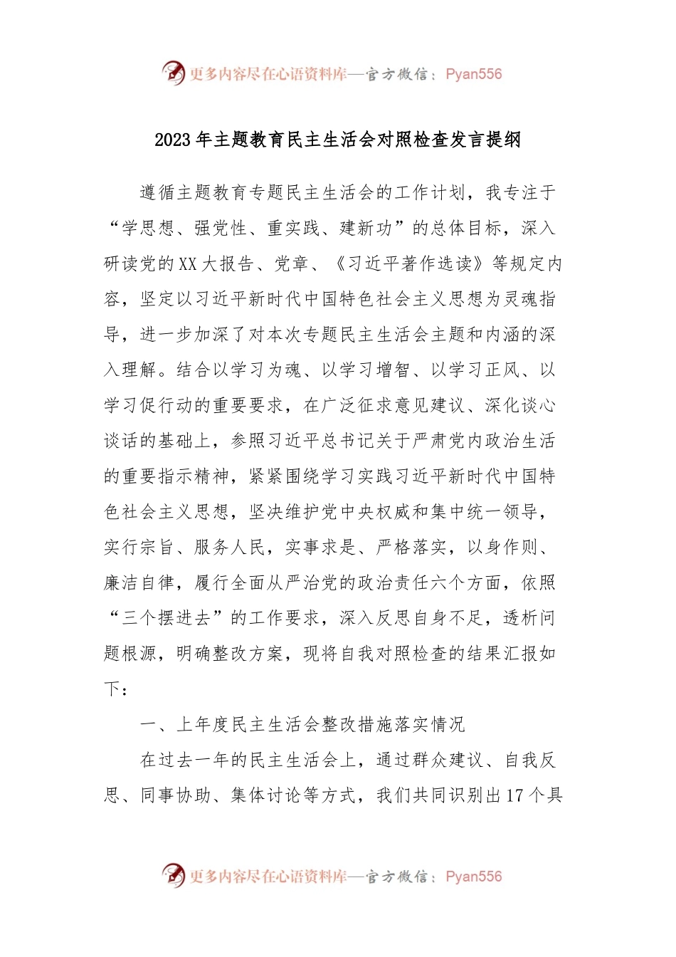 2023年主题教育民主生活会对照检查发言稿提纲.docx_第1页