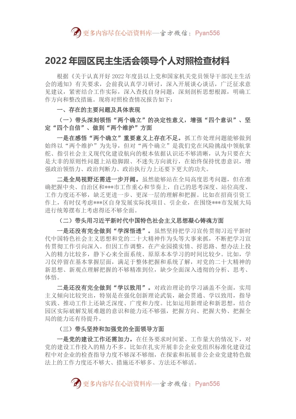 2022年园区民主生活会领导个人对照检查材料.docx_第1页