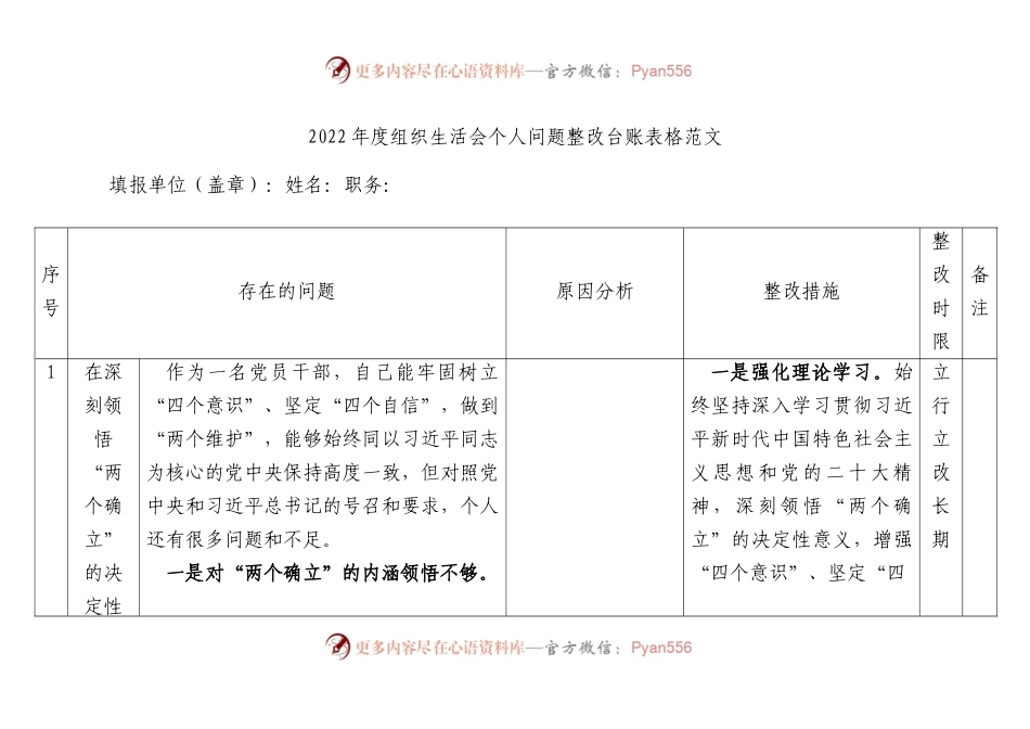 2022年度组织生活会个人问题整改台账表格范文.docx_第1页
