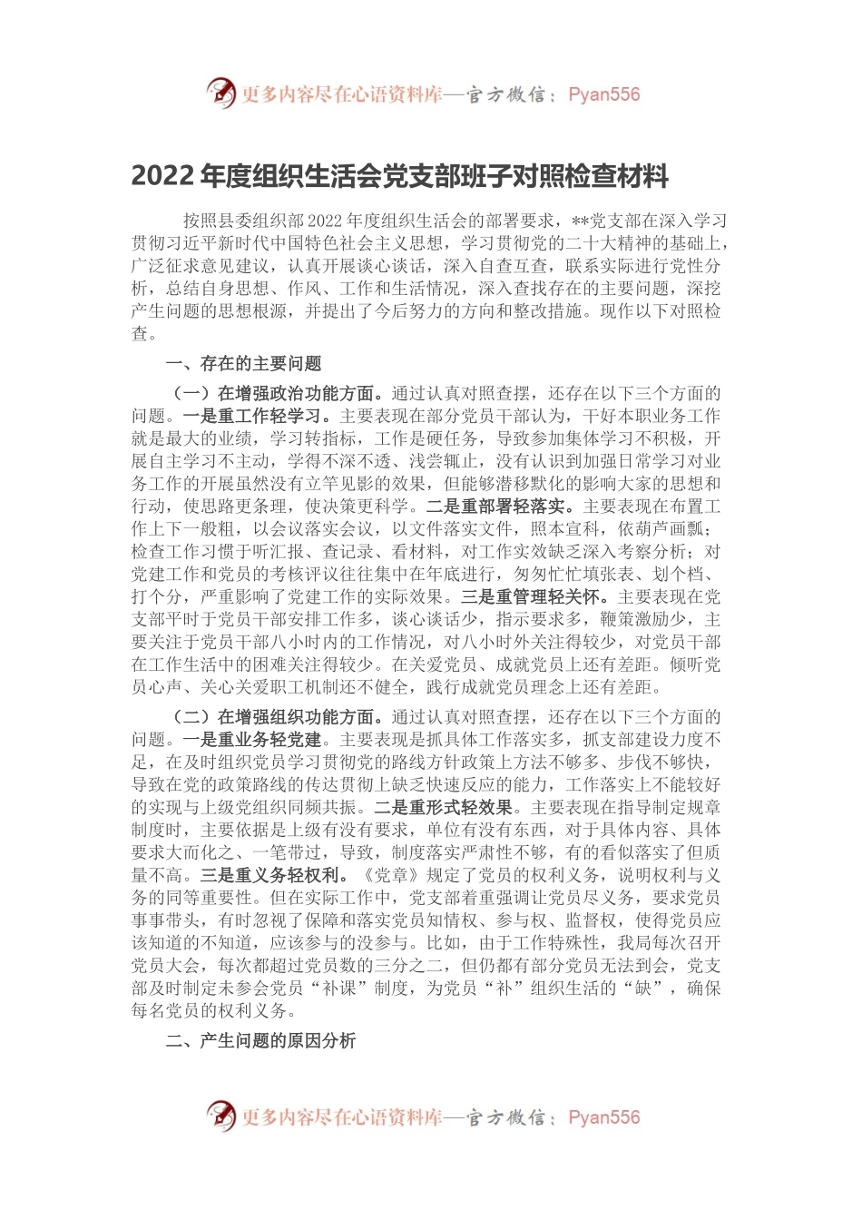 2022年度组织生活会党支部班子对照检查材料（二）.docx_第1页