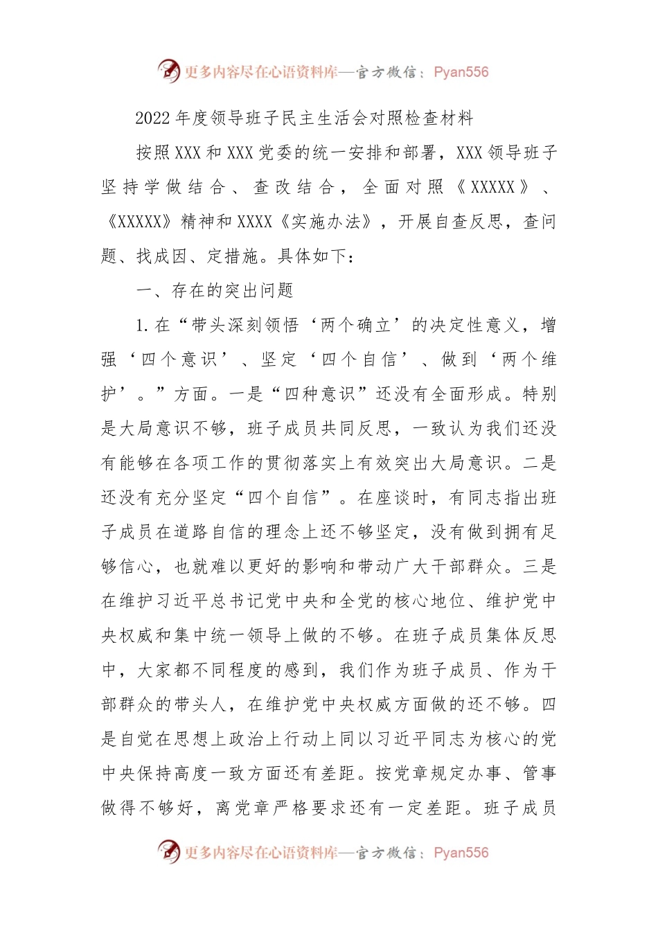 2022年度领导班子民主生活会对照检查材料（二）.docx_第1页