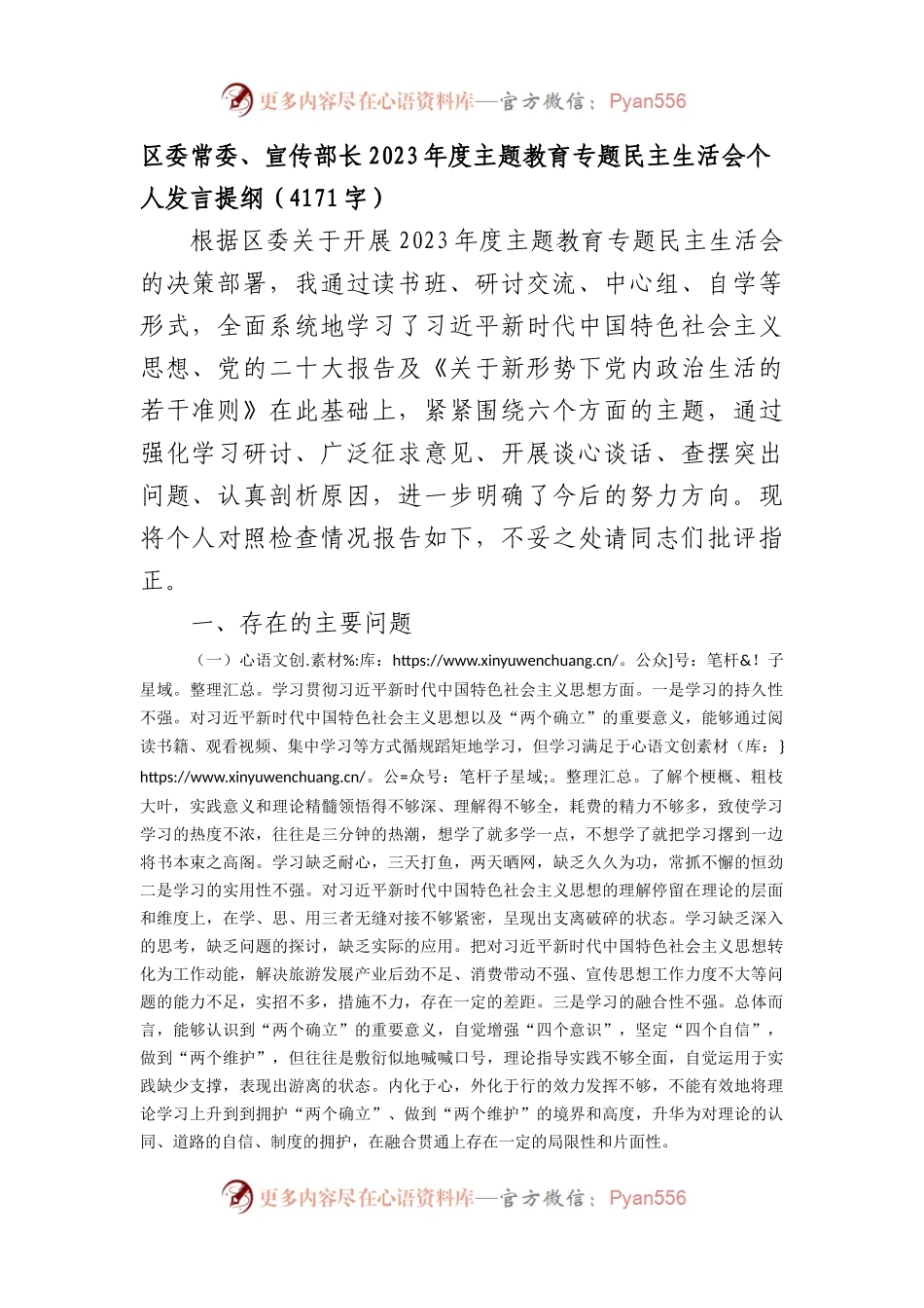 2023年主题教育民主生活会个人对照检查材料 宣传部长（践行宗旨等6个方面）(1).docx_第1页