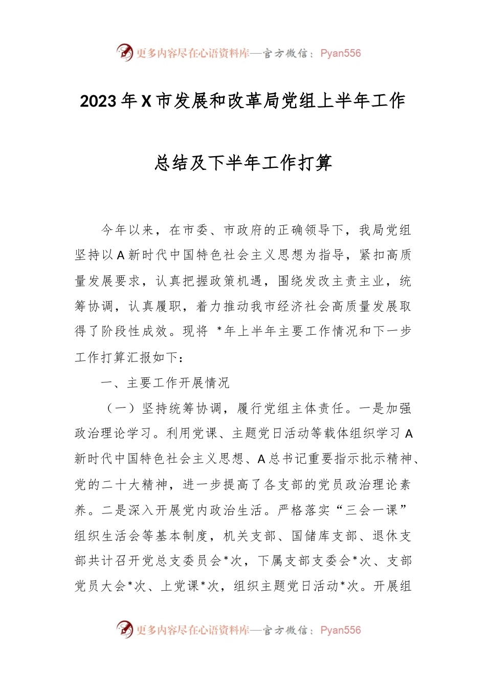 2023年X市发展和改革局党组上半年工作总结及下半年工作打算.docx_第1页