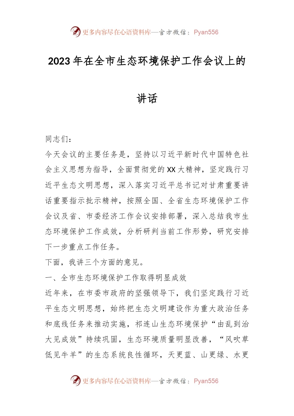 2023年在全市生态环境保护工作会议上的讲话.docx_第1页