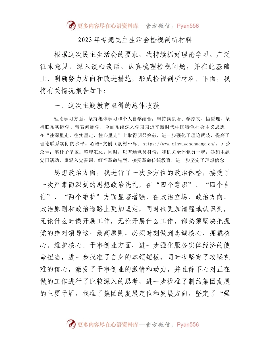 2023年主题教育专题民主生活会检视剖析材料.docx_第1页