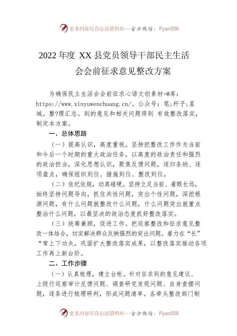 2022年度XX县党员领导干部民主生活会会前征求意见整改方案.docx_第1页