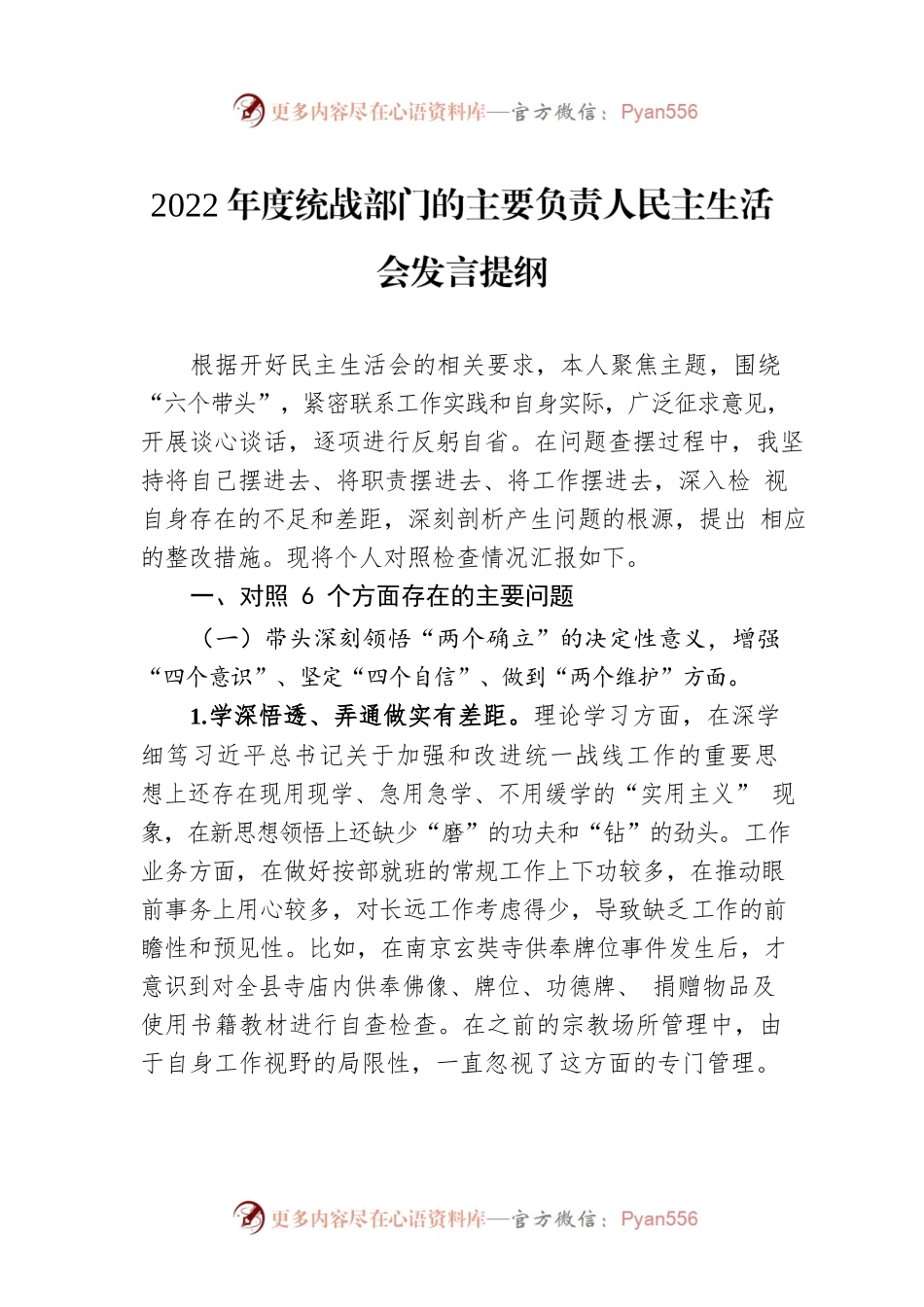 2022年度统战部门的主要负责人民主生活会发言提纲.docx_第1页