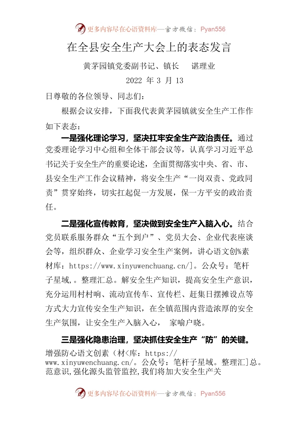 2022年在全县安全生产会议上的表态发言.docx_第1页
