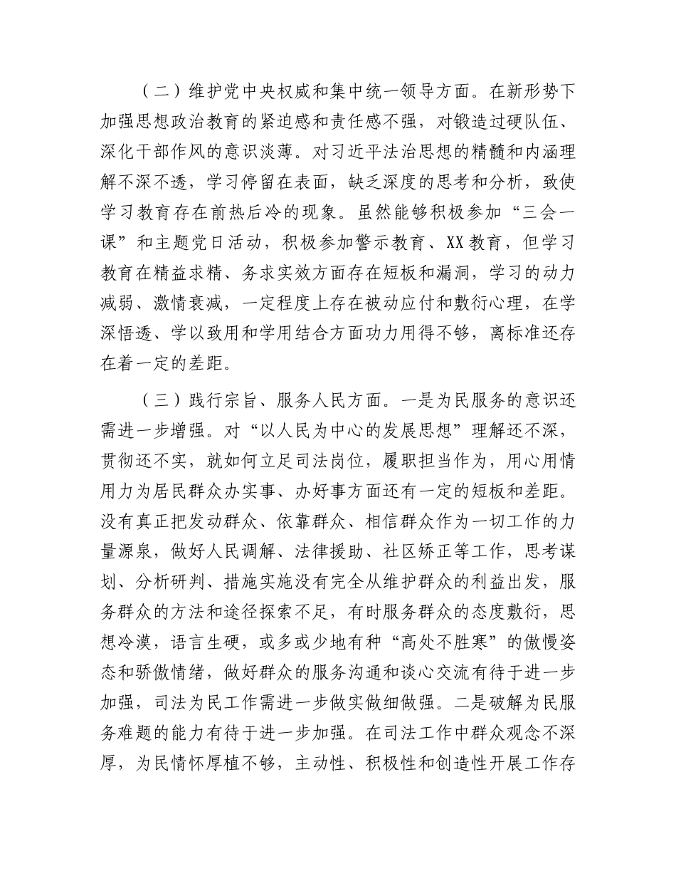 2023年主题教育专题民主生活会个人对照检查  司法系统（践行宗旨等6个方面+案例剖析+上年度整改+个人事项）.docx_第2页