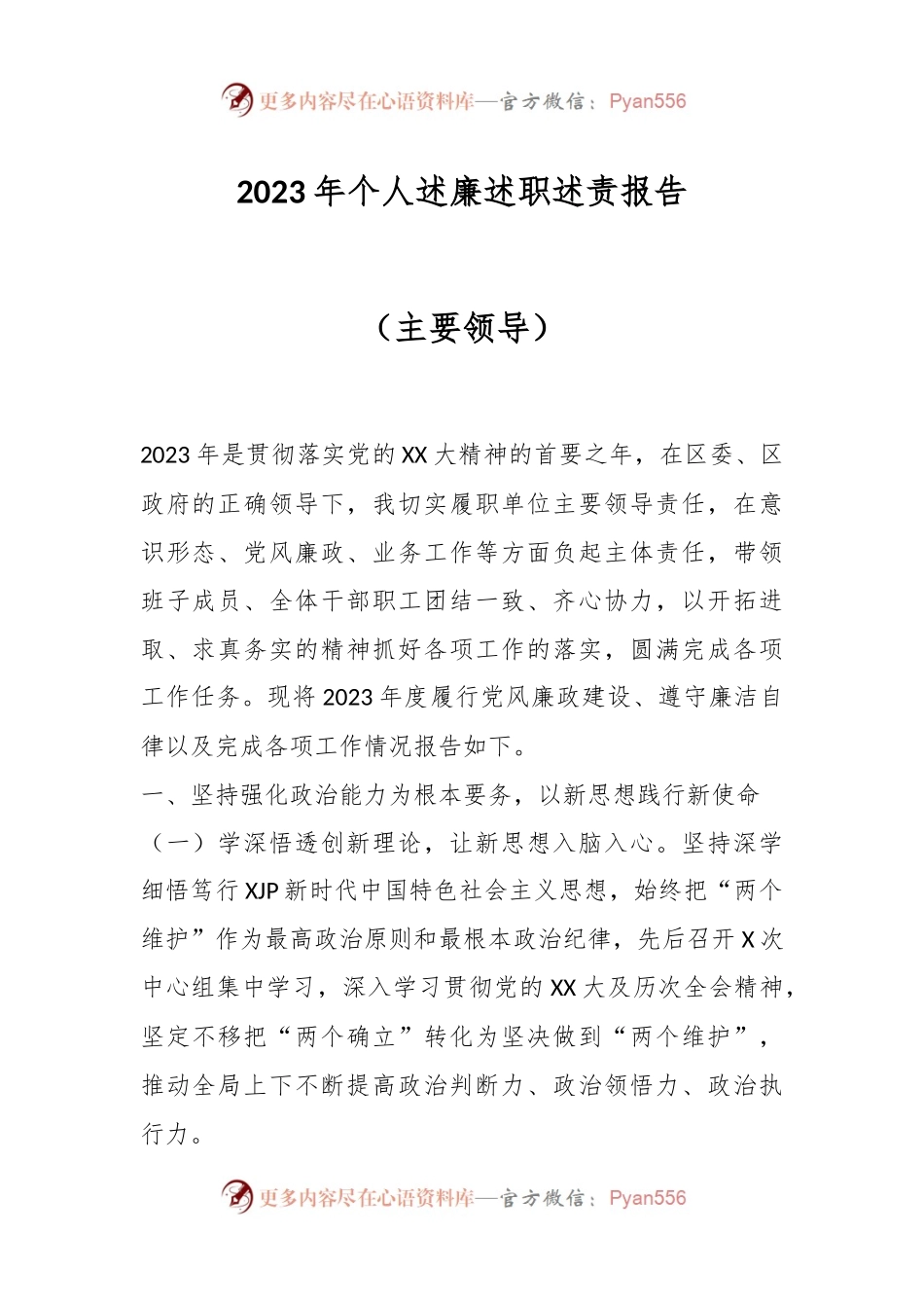 2023年个人述廉述职述责报告（主要领导）.docx_第1页