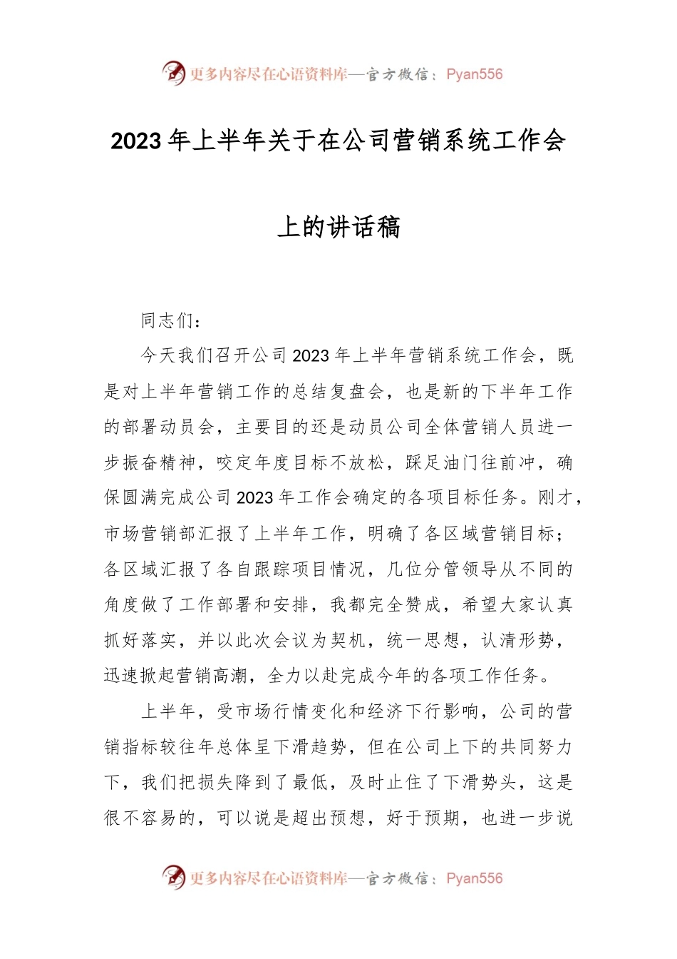 2023年上半年关于在公司营销系统工作会上的讲话稿.docx_第1页