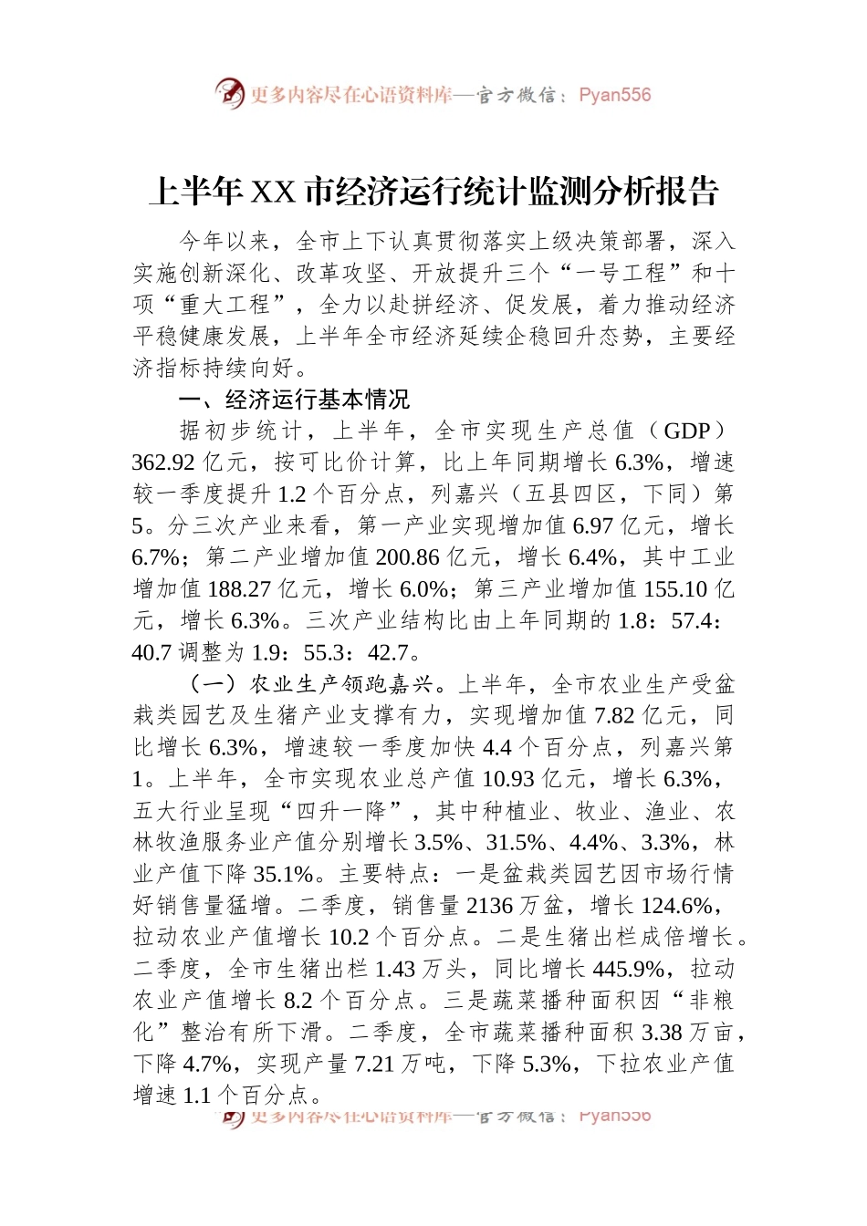2023年上半年XX市经济运行统计监测分析报告.docx_第1页