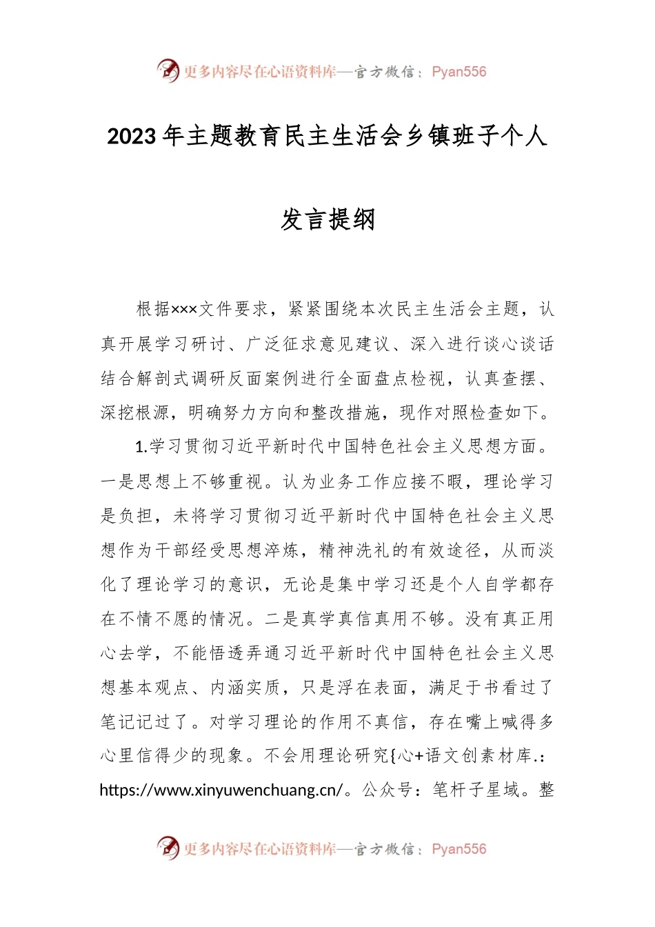 2023年主题教育民主生活会乡镇班子个人发言稿提纲.docx_第1页