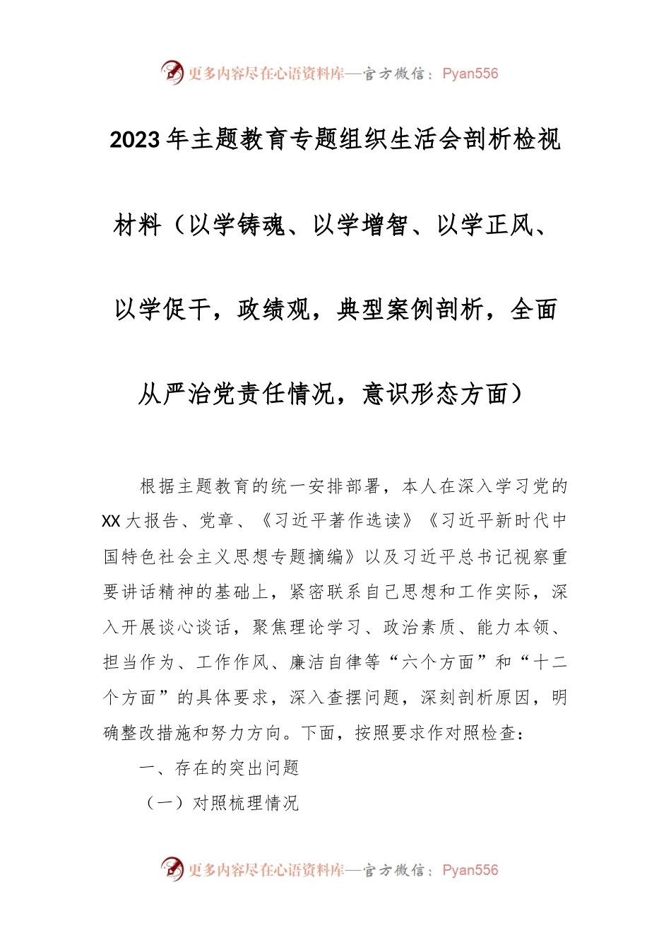 2023年主题教育专题组织生活会剖析检视材料（以学铸魂、以学增智、以学正风、以学促干，政绩观，典型案例剖析，全面从严治党责任情况，意识形态方面）.docx_第1页