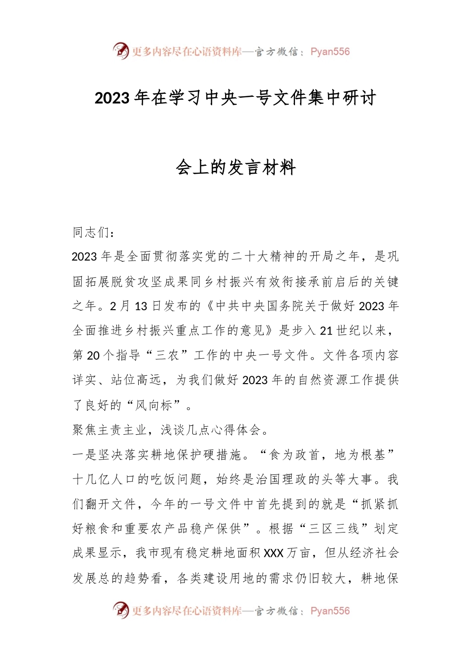 2023年在学习中央一号文件集中研讨会上的发言材料.docx_第1页