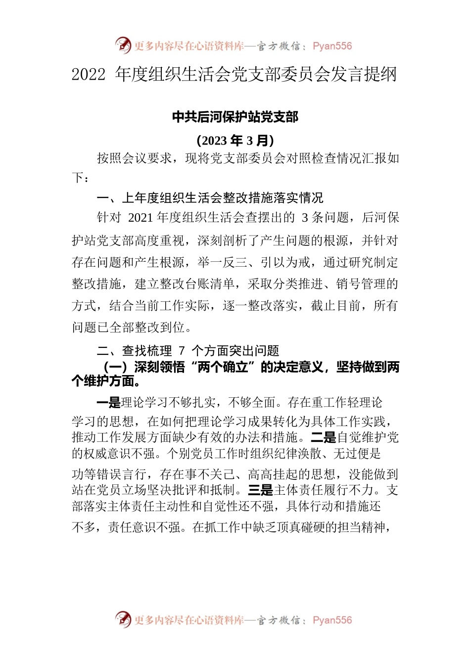 2022年度组织生活会党支部委员会发言提纲.docx_第1页
