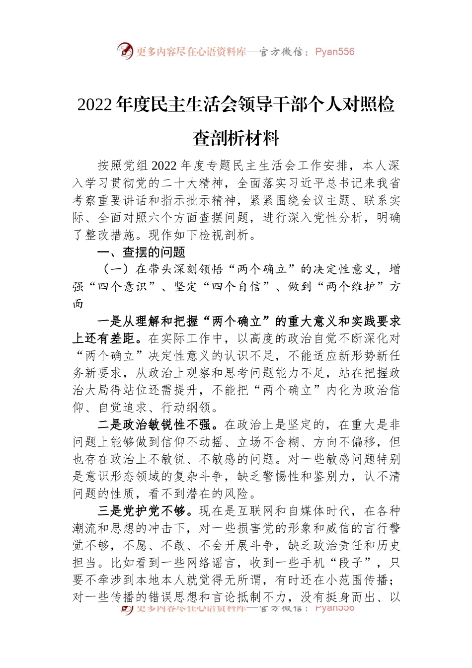 2022年度民主生活会领导干部个人对照检查剖析材料.docx_第1页