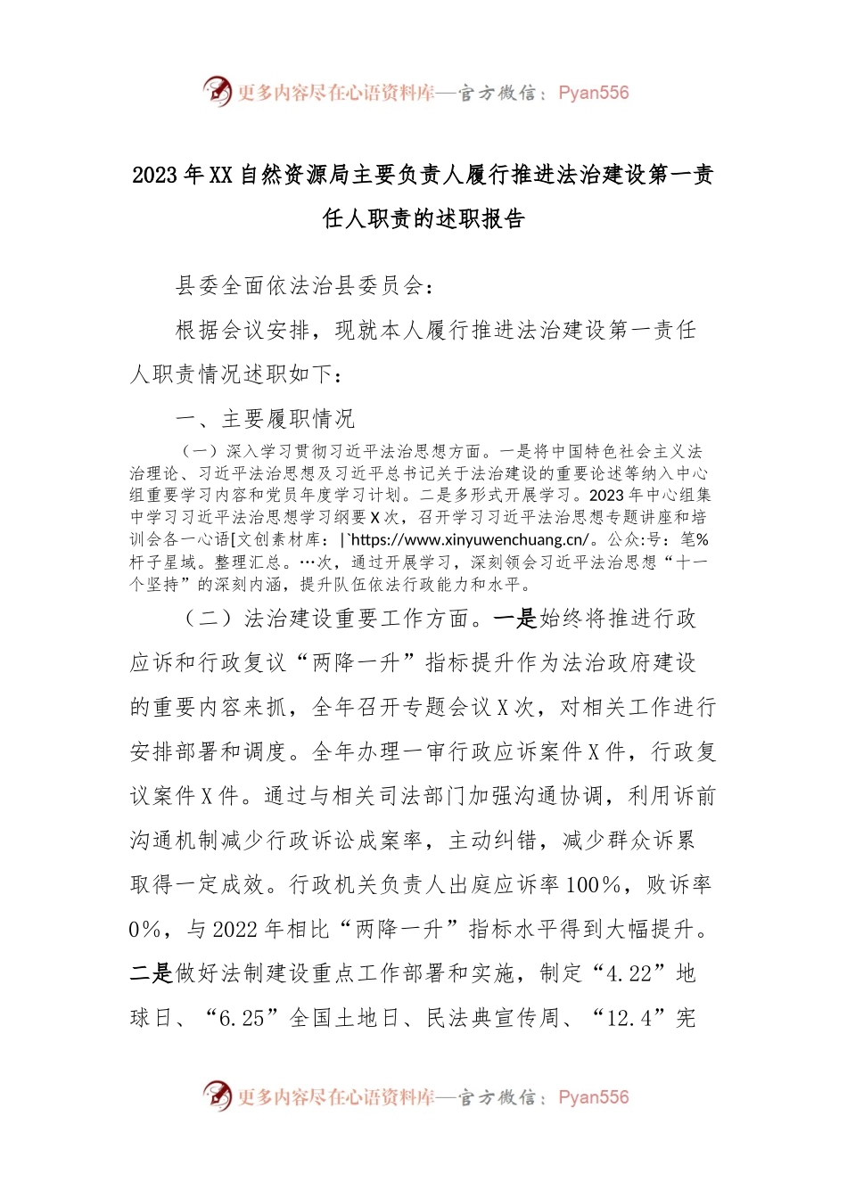 2023年XX自然资源局主要负责人履行推进法治建设第一责任人职责的述职报告.docx_第1页
