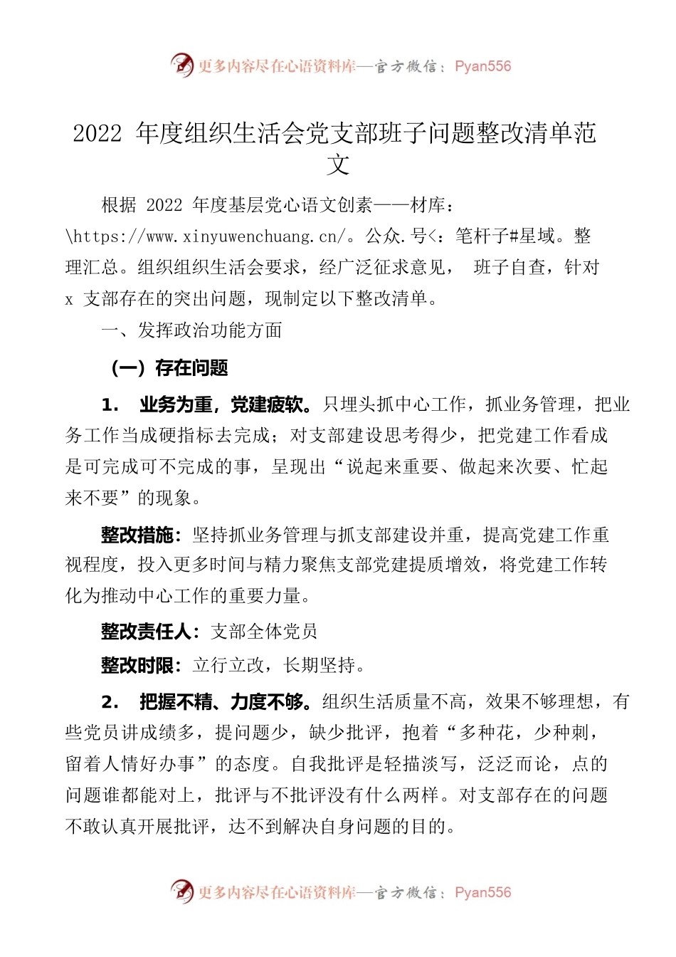 2022年度组织生活会党支部班子问题整改清单（措施）.docx_第1页