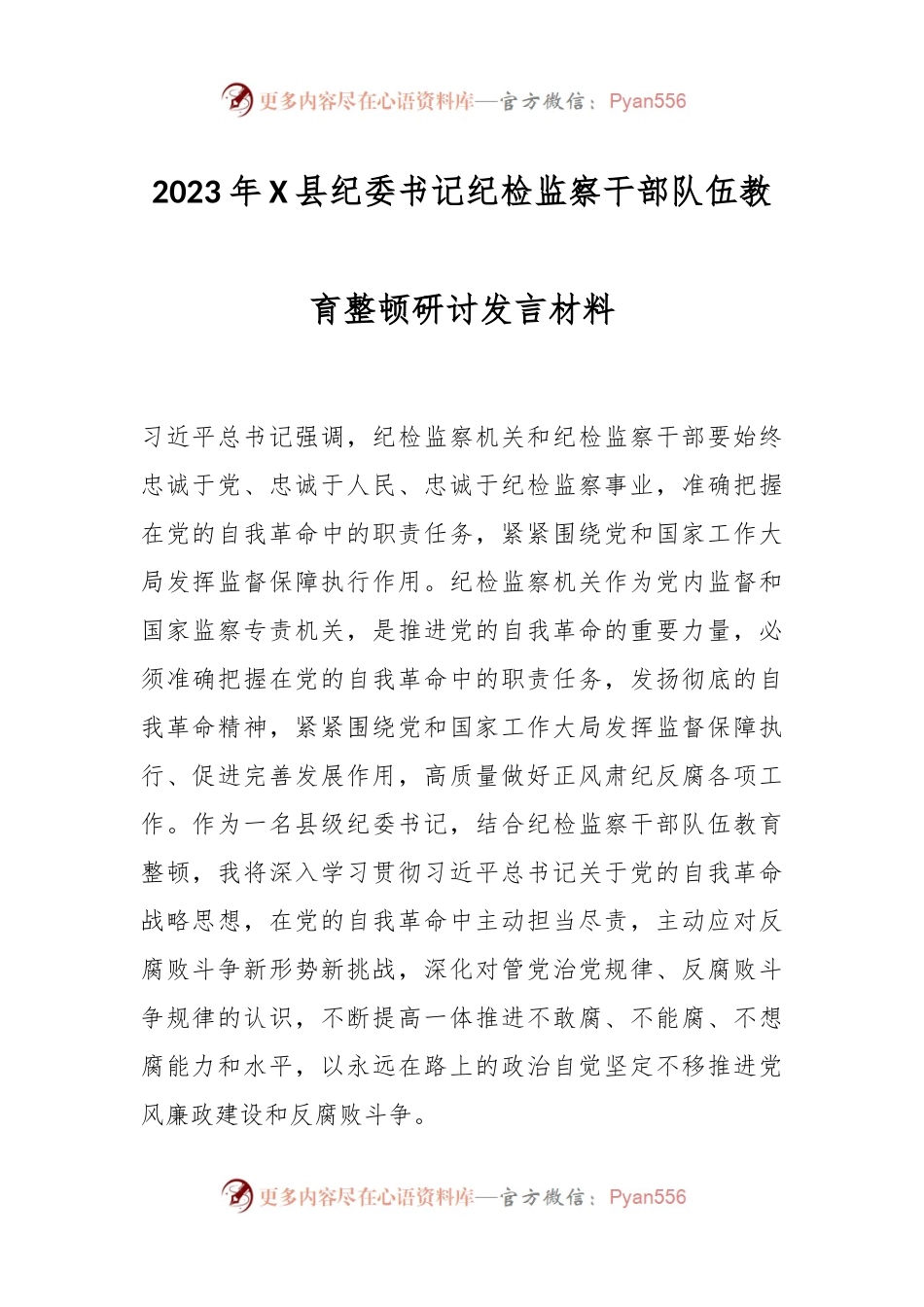 2023年X县纪委书记纪检监察干部队伍教育整顿研讨发言材料.docx_第1页