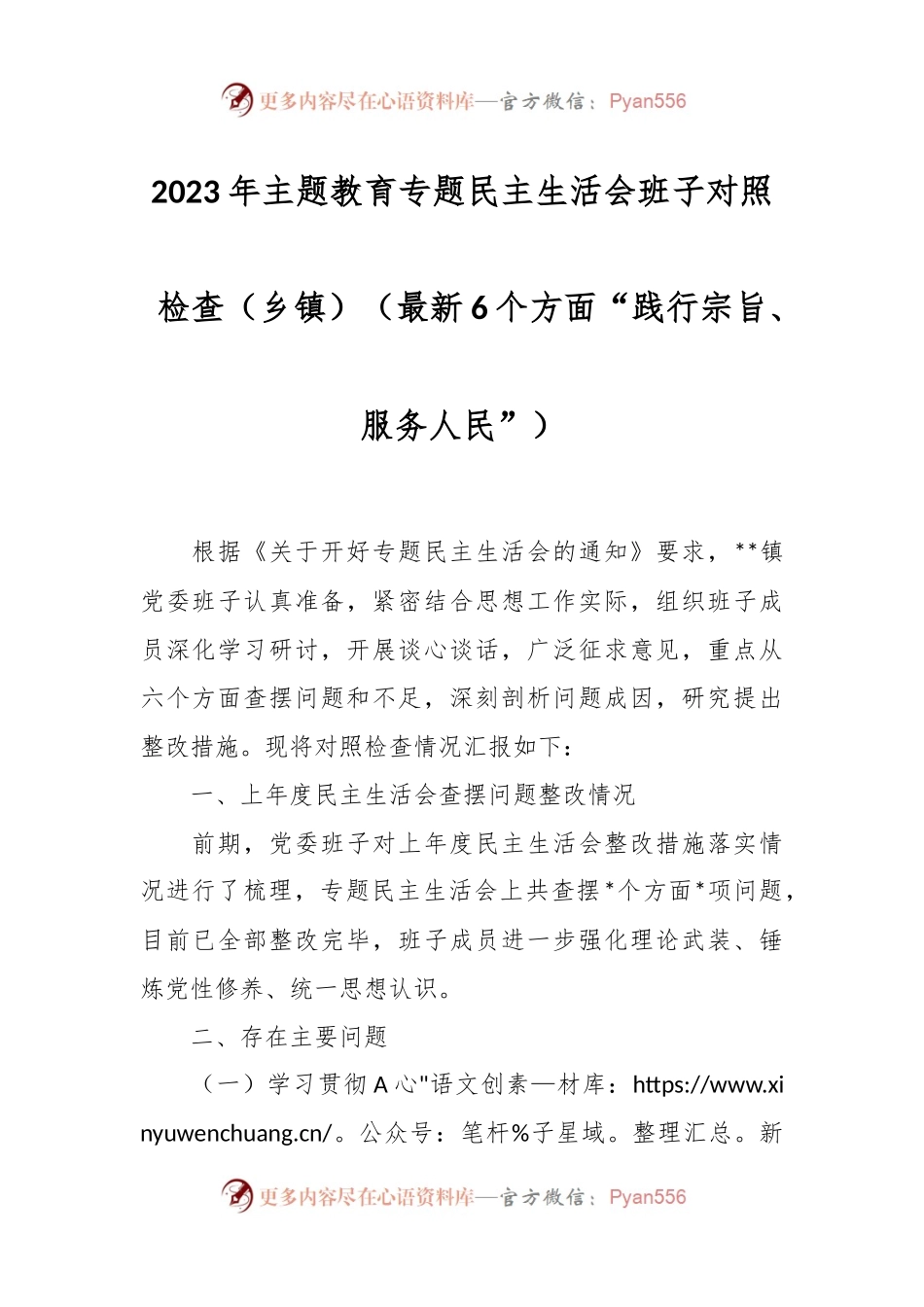 2023年主题教育专题民主生活会班子对照检查（乡镇）（最新6个方面“践行宗旨、服务人民”）.docx_第1页