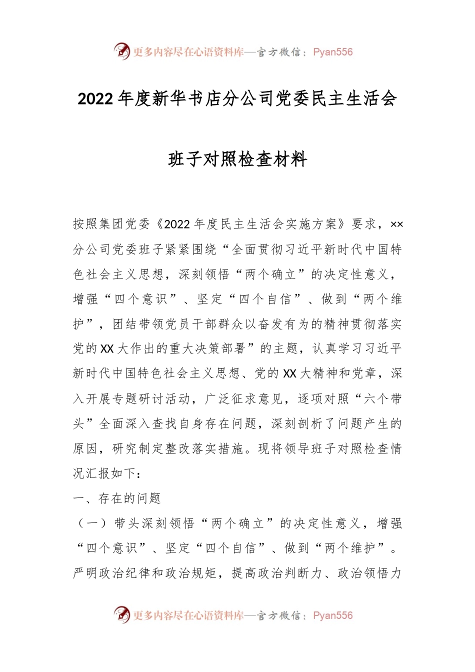 2022年度新华书店分公司党委民主生活会班子对照检查材料.docx_第1页