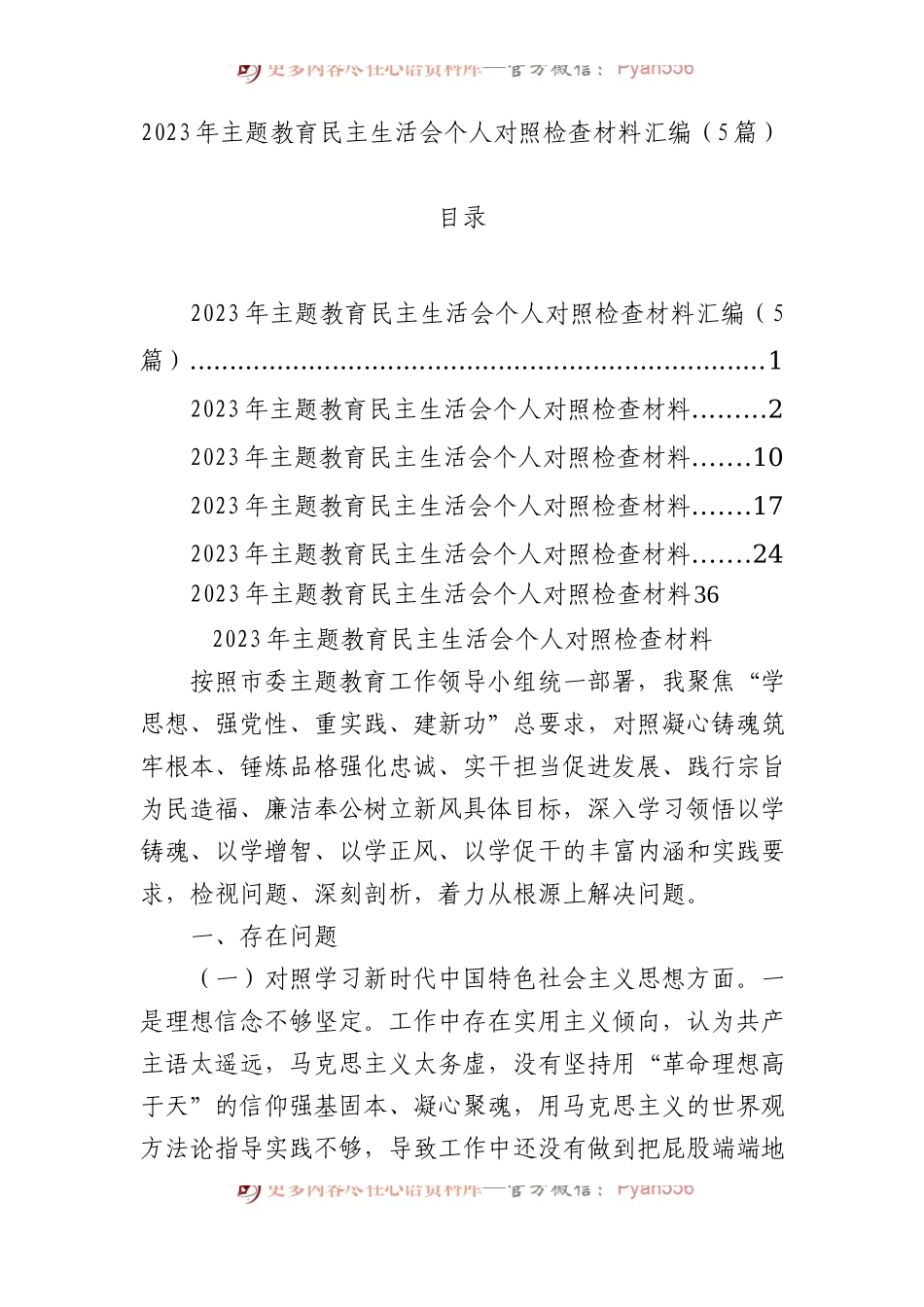 2023年主题教育民主生活会个人对照检查材料汇编（5篇）.docx_第1页