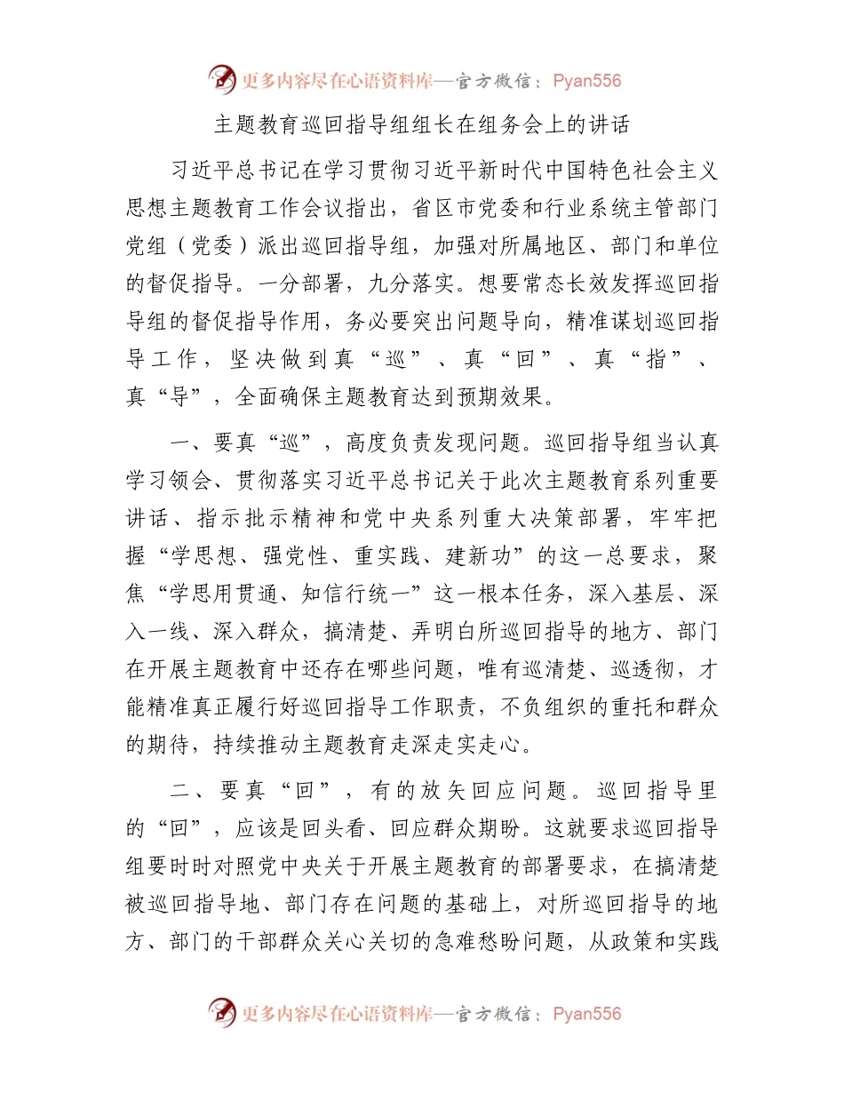 2023年主题教育巡回指导组组长在组务会上的讲话.docx_第1页