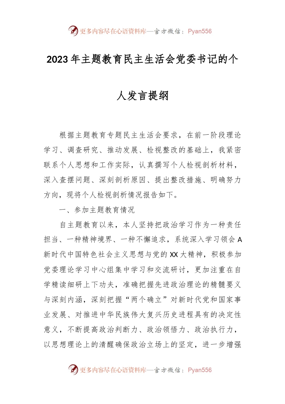 2023年主题教育民主生活会国企党委书记的个人发言提纲.docx_第1页