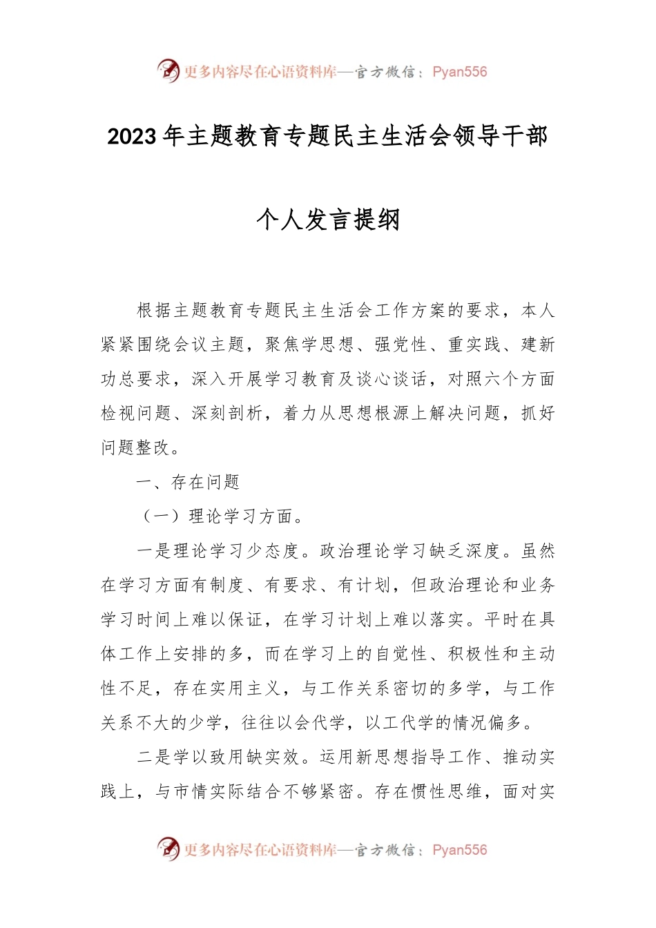 2023年主题教育专题民主生活会领导干部 个人发言提纲.docx_第1页
