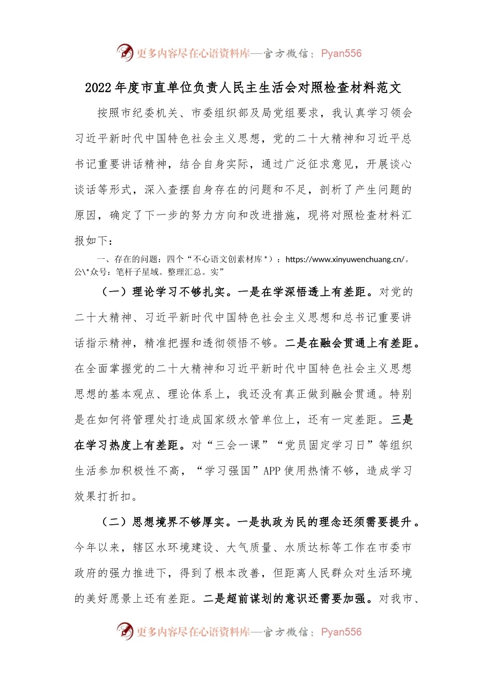2022年度市直单位负责人民主生活会对照检查材料范文.docx_第1页