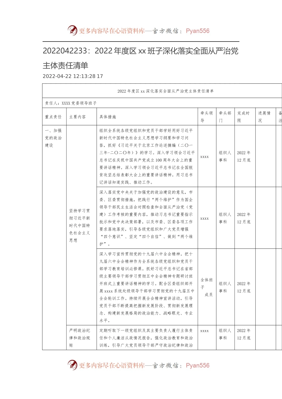 2022年度区xx班子深化落实全面从严治党主体责任清单.docx_第1页