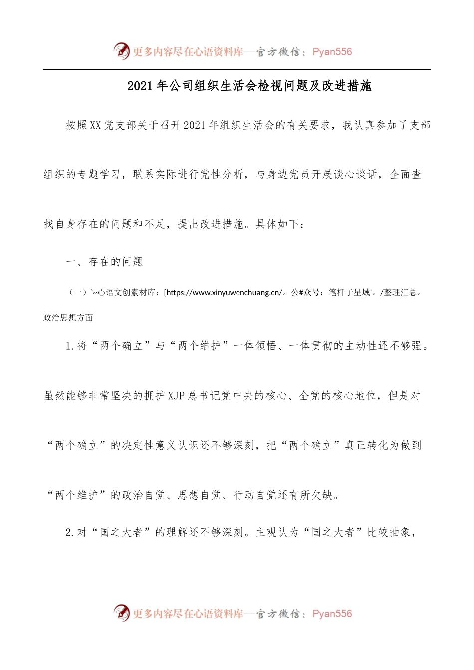 2021年公司组织生活会检视问题及改进措施.docx_第1页