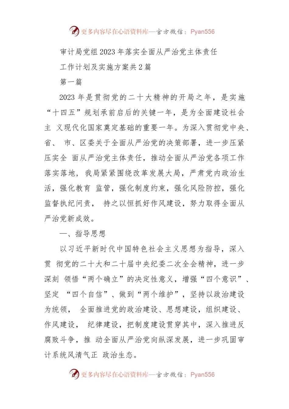 (2篇)审计局2023年落实全面从严治党主体责任工作计划及实施方案.docx_第1页
