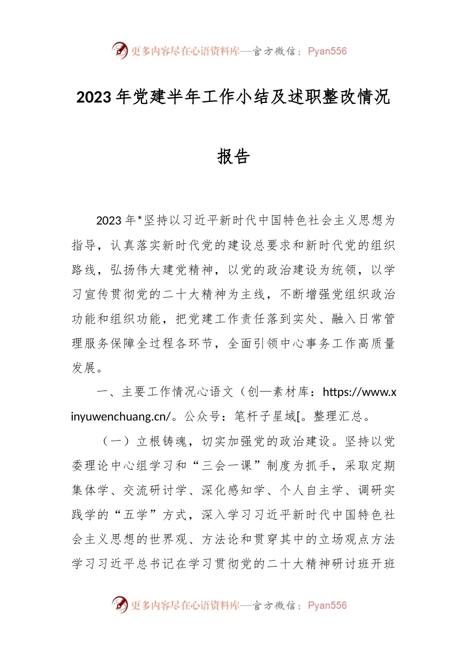 2023年党建半年工作小结及述职整改情况报告.docx_第1页