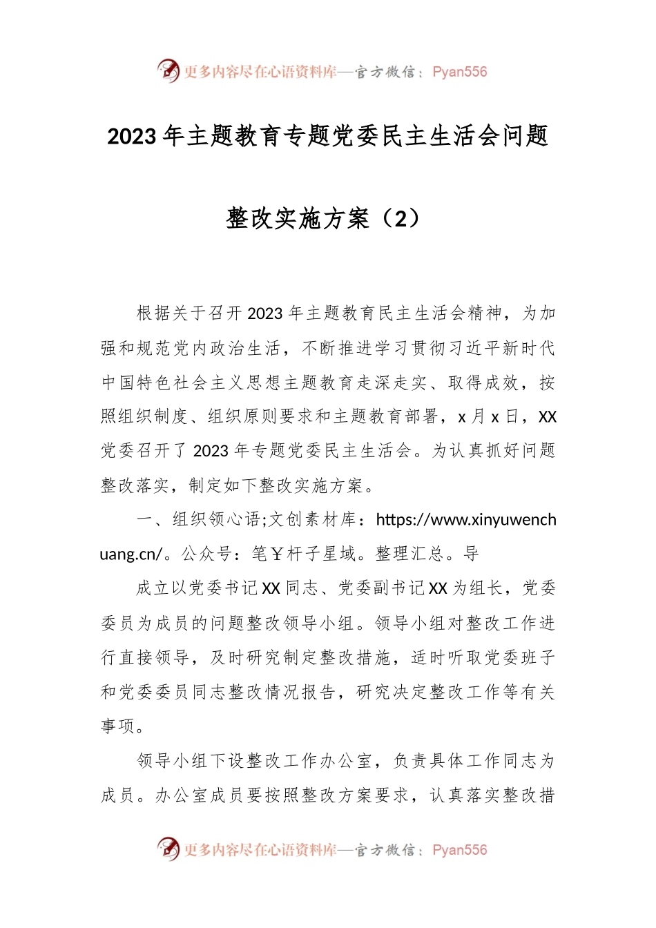 2023年主题教育专题党委民主生活会问题整改实施方案（2）.docx_第1页