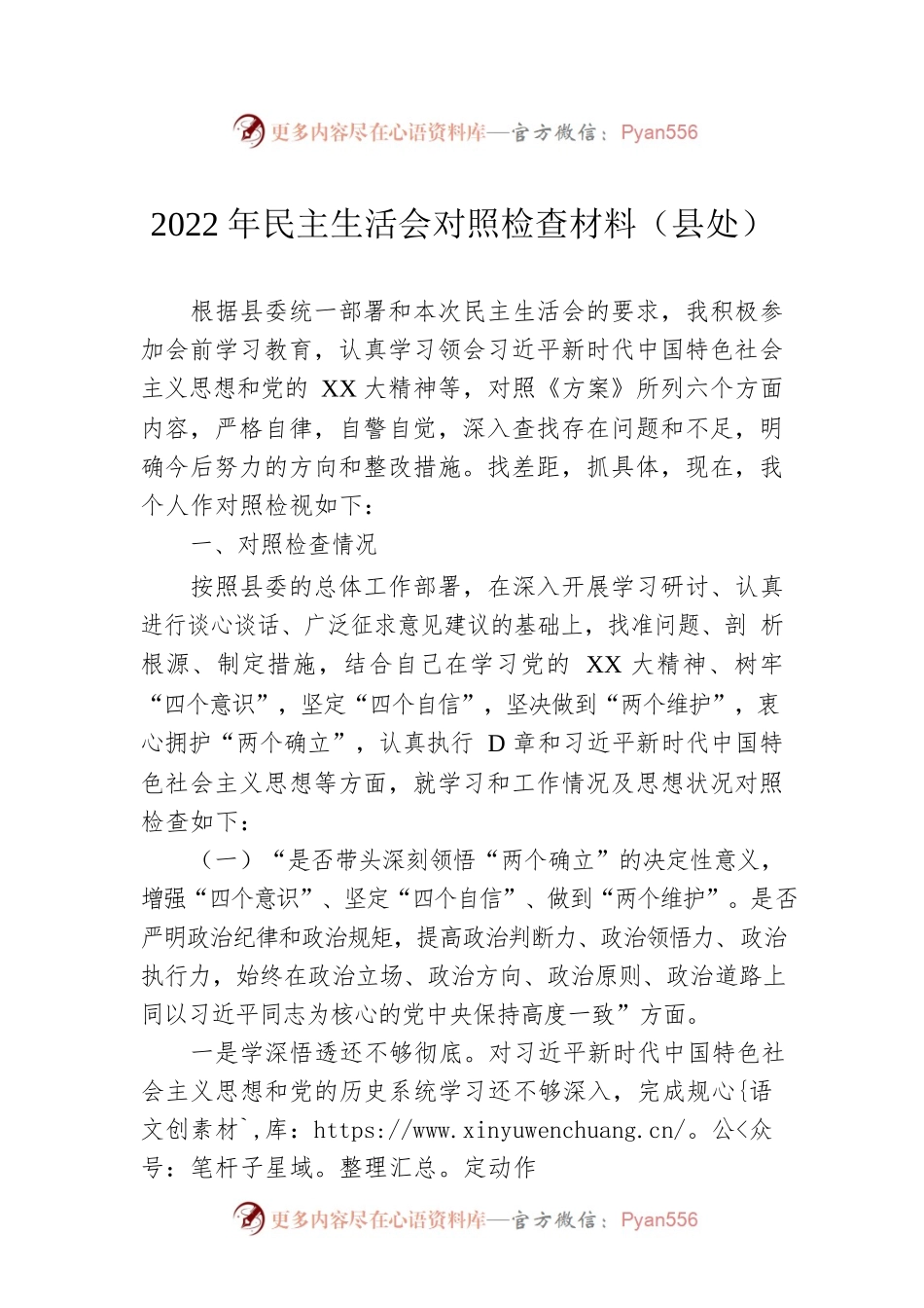 2022年民主生活会对照检查材料（县处级）.docx_第1页