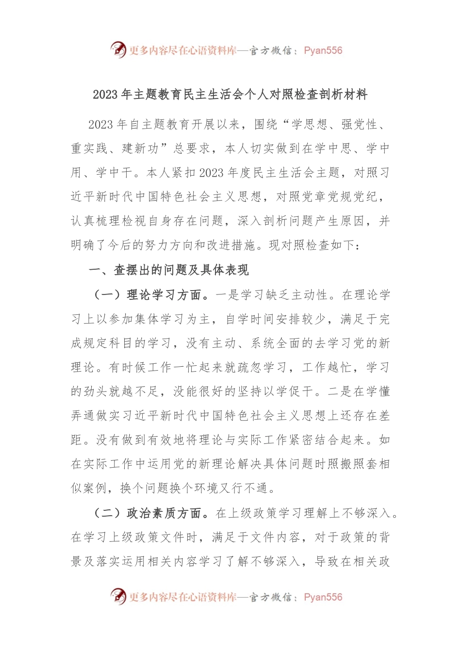 2023年主题教育民主生活会个人对照检查剖析材料.docx_第1页